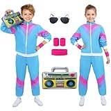 90er 80er Jahre Outfit Mädchen Jungen Jogginganzug Kinder Retro Trainingsanzug Kostüm Jacke Hose Anzug Kleidung New Kids Kostüm mit Handgelenkriemen Radio Sonnenbrillen für Karneval Fasching VL008XXL