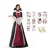 BINXWA Vampir kostüm damen kleid,halloween kostüm damen vampir kleid,rote schwarzes kleid damen halloween mit vampir zähne erwachsene,vampir tattoo,geeignet für Halloween verkleiden,karneval,Cosplay