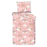 Aminata kids Kinderbettwäsche 100x135 Mädchen Einhorn rosa Baumwolle mit YKK Reißverschluss Kinder-Wende-Bettwäsche-Set Einhörner und Wolken mit Regenbogen Unicorn