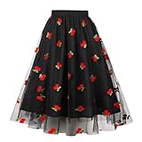 Tüllrock Damen Karneval Damen 80er Puffy Tüllrock Tütü Röcke Tüll Petticoat Mesh Bestickt Kirsche Hohe Taille A-Linien-Rock