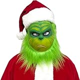 Claofoc Grinch Maske Weihnachts Hut Kostüm Maske Weihnachten Grünes Gesicht Monster Gruselige Latex Maske für Erwachsene Frauen und Männer Cosplay Kostüm Requisiten (D)