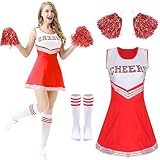 HBSFBH Cheerleader Kostüm Damen, Cheerleader Outfit Rot Cheerleader Kostüm mit Cheerleader Pompons und Socken, Cheerleader Kleid Outfit, Cheerleading Kostüm, Rotes Cheerleader Outfit Fastnacht (M)