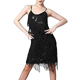 20er Jahre Kleid Frauen Damen Vintage Retro Flapper Gatsby Glitzer Pailletten Fransenkleid 1920er Hochzeit Party Charleston Kostüm Spaghettiträger Sexy Minikleid Kurz Latein Tanzkleid Schwarz M