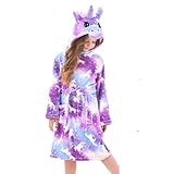 Ceruwum Einhorn Bademantel für Mädchen Weich Fleece Morgenmäntel mit Kapuze (Lila Einhorn, 5-6 Jahre)