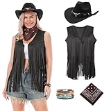 Dzorim Cowgirl Kostüm Damen Western Cowgirl Hut Cowboy Outfits Damen Mädchen mit Hat Scarf Wristband für Karneval (Black, L)