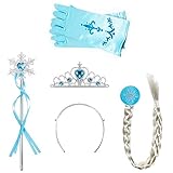 Amacoam Set 4 Stück Eiskönigin ELSA Zubehör Set Verkleidung Mädchen Prinzessin Krone Haarreifen Zopf Zauberstab Handschuhe Prinzessin Kostüme Zubehör Eisprinzessin Verkleidungsset (Hell Blau)