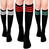 Tatuo 3 Paar Klassische Socken mit Drei Streifenn Damen Kniestrümpfe Schlauchstrümpfe, 3 Farben (Schwarz mit Rotem Streifen, Schwarz mit Grünem Streifen, Schwarz mit Weißem Streifen)