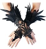 keland Damen Schwarz Feder Spitze Fingerlose Lange Handschuhe für Hochzeit Halloween Maleficent Kostüm (Schwarz-01)