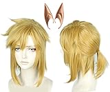Linfairy Kurze blonde Perücke, Halloween-Cosplay-Perücke für Männer, Zopf mit 2 Elfenohren