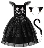 ReliBeauty Katzenkostüm Kinder Kleid Mädchen mit Katzenschwanz Katzenohr Halskette，140