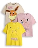 Pokémon Mädchen T-Shirt 3er-Pack | Gelbes, Pinkes & Braunes Kurzarm-Grafik-T-Shirt-Bündel | Pikachu Jigglypuff Evoli Multi-Pack Kleidung Set | Spiel TV-Serie Film Merchandise Geschenk-Bündel