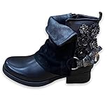 Damen Stiefeletten Biker Boots - Stiefel mit Nieten Blockabsatz - bequeme Herbst Winter Frauen Schuhe Schnallen - ST783 (ST88 Schwarz, numeric_37)