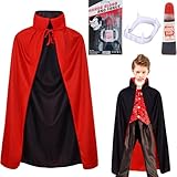 Winwild 3 Stück Vampir Kostüm Kinder Set,90CM Vampir Umhang Halloween mit Vampir Zähne & Kunstblut,5-8 Jahre Halloween Umhang Schwarz Rot Vampir Cape Dracula Umhang Halloween Kostüm Jungen Mädchen
