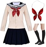 Japanische Schulmädchen Kurzarm Uniform Matrosen Marineblau Faltenrock Anime Cosplay Kostüme mit Socken Set - Beige - L