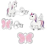 2 Paar Einhorn + Glitzer Schmetterling Set Ohrstecker 925 Echt Silber Mädchen Kinder Ohrringe