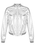 iEFiEL Kinder Jungen Mädchen Metallic Baseball Jacke Kurz Wetlook Jacke Langarm College Sweatjacke Vintage Disco Outfits Y2K Kostüm für Karneval Halloween Party Silber 146-152