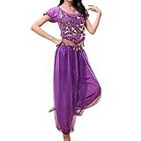 eexuujkl Weibliche Indische Bauchtanzhose Tanzendes Top Kostüm Set für Erwachsene Ärmel Damen Modische Bauchtanz Performance, Dunkelviolett, XL