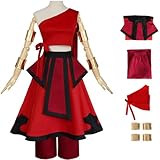 Foanja Katara Kostüm Damen Verkleidung Avatar Katara Kung Fu Uniformen Anzug Top und Rock Hose mit Accessoires für Halloween Karneval Geburtstag Party Maskerade Fancy Costume, Rot