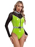 CHICTRY Damen Wetlook Leder Body Mesh Patchwork Overall Kariert Kragen Jumpsuit Sexy Kurz Glitzer Trikot Leotard Rennfahrer Kostüm Grün 3XL