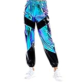 Damen Metallic Glänzed Hose Elastischer Sporthose Locker Holographische Sweathose Jogginghose Hologram Laser Baggyhose Disco Clubwear Hip Hop Punk Jogger Sweatpants Streetwear Laser Blau +Schwarz M