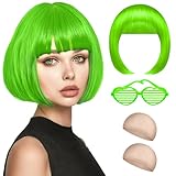 Perücke Grün Damen, Perücken Fasching, Perrücke Frauen Kurz mit Haarnetz und Bunte Brille, Grüne Bob Wigs Kurzhaarperücke Peruecken Damen Faschi ngsperücken für Karneval Cosplay Motto Party
