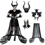 AOLIUP Maleficent Kostüm Damen: Böse Königin Kleid mit Hörner Gothic Federumhang Feder Manschette und Tüllrock für Halloween Karneval Fasching Verkleidung Cosplay Party Outfits