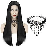 Perücke Frauen Schwarz Lang, Gerade Schwarze Perücke, Gotische Halskette, Kostüm Accessoires,Perücke Hexe für Cosplay, Halloween, Karneval und Themenpartys