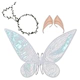 Elfen KostüM Damen,Feen KostüM Damen,Feenflügel Erwachsene Kinder Feenflügel Kranz-Tiara und Elfenohren Damen Schmetterlingsflügel Funkelnde Engelsflügel Mädchen Halloween-Kostüm Frauen
