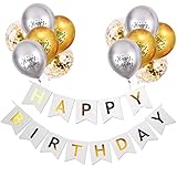Luftballons Geburtstag Dekoration Set, Gold Silber Geburtstagsdeko Happy Birthday deko Banner Party Deko Geburtstag Set mit Gold Silber Happy Birthday Luftballons Konfetti Ballons
