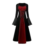 CNVAUIE Renaissance Kostüm Frauen Mittelalterliches Kleid mit Trompetenärmel Gotisch Maxikleid Karneval Halloween Party (Rosa, XL)