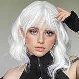Colorfulpanda perücke damen weiß kurz mit Pony,natürliches synthetische Haare wellig Bob Perücke für Tägliche Kostüm Karneval Fasching(35cm)