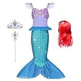 AOOWU Meerjungfrau Kostüm Mädchen, 4-Teiliges Set Meerjungfrau Kleid Mädchen mit Perücke, Lila Krone und Zepter, Kostüm Kinder für Karneval Party Halloween Weihnachten Cosplay (120Cm)