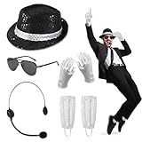 7STK MJ Kostüm Zubehör für Erwachsene Kinder, mit Paillettenhut Kopfmikrofon Sonnenbrille Pailletten handschuhen Silbersocken, 80s King of Pop Tänzer Rockstar Popstar Sänger Halloween Cosplay Zubehör