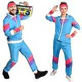 Aomig 90er 80er Jahre Kostüm Erwachsene, Retro Trainingsanzug für Männer Frauen, Disco Ganzkörperanzug, Partner Outfit Jacke und Hose 80er Party Bad Taste für Mottoparty Karneval(Blau-L)