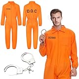BOUFEIDA Häftling Kostüm, Gefängnis Kostüm, Orange Prison Jumpsuit Herren Damen, Sträfling Kostüm mit Handschellen, für Karneval, Fasching & Halloween (M)