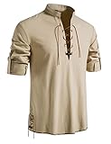 LucMatton Herren Retro Schnürung Mittelalter Kostüm Shirts für Halloween Cosplay Wikinger Pirat Steampunk Vampir Renaissance Gothic Viktorianische Kleidung Khaki Klein