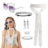 6 Stück Disco Kostüm Damen Zubehör Set,70er 80er Jahre Kostüm Damen Glitzer Disco Outfit Accessories für Fasching Party Karneval Kostüm Paillettenhalsband Sonnenbrille Ohrringe Stirnband (Silber)