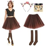 Jokureao Rentier Kostüm Damen Set, Rentier Karneval Damenkostüm, Damen Rentier Tüllrock Geweih Haarreif, Rentier Kostüm mit Gesichtsaufkleber, Reh Kostüm Damen für Party, Karneval Cosplay