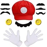 iZoeL Bros Mario und Luigi Kostüm Accessories Mütze Hut Handschuhe Bart gelbe Knöpfe Faschingkostüme für Fasching Karneval Halloween Cosplay Mottoparty Kostüm für Kinder Damen Herren