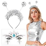 BOOMTOP Alien Haarreif Silber mit 2 Kugeln Glitzer Haarband Karneval mit Face Art Sticker Sterne Gesicht Tattoos Disco Stirnband Space Girl Kostüm Haarschmuck Fasching Halloween Kostüm Accessoires