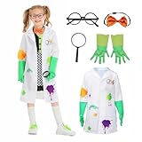 Wbesty Kids Mad Scientist Kostüm mit Brillengestell Fliege Handschuhe Lupenbrille 5Pc Kids Laborkittel Halloween Verkleidung, 8-10Jahre