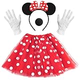 Damen Maus Mouse Kostüm, Maus Ohren mit roter Schleife, Ballettkeider + Haarreifen + Handschuhe + Nase, Rote Tutu mit Weiß Gepunktet, Kinder Tüll Kleid für Karneval Cosplay Fasching Halloween Party
