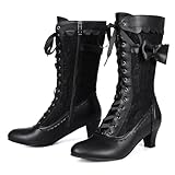 Voviggiw Damen-Stiefel im Vintage-Stil viktorianische Stiefel mittlere Waden Reißverschluss Kostüm Renaissance-Schuhe mittelhoher Absatz Hochzeitskleid-Stiefel Schleifen schwarze Markierung Größe 39