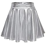 Odosalii Damen Stretch Skater Röcke Informell Mini Glocken Rock Hohe Taille Metallischer Faltenrock, Silber, S