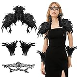 Federkragen, Federkragen Schwarzer Kostüm Damen mit Feder Manschetten, Federumhang Schwarz Maleficent Kostüm Gothic Feder Cape, Gothic Feder Achselzucken, Pfau Raben Kostüm Damen für Karneval Cosplay
