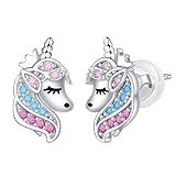 Arrebol Einhorn Ohrringe Damen 925 Sterling Silber für Mädchen Teenager Ohrstecker Original Schmuck Weihnachts Geschenk für Mädchen Tochter Enkelin