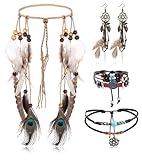LOLIAS 4 Teiliges Indianer Kopf Schmuck Set Lederhalskette Und Feder Ohrringe Für Damen Handgefertigtes Armband Vintage Boho Hippie Tribal Mottoparty Karneval Schmuck