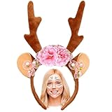 FUKPO Rentier Haarreif mit Blumen und Rentier Gesichtstattoo, Reh Ohren Haarreifen Damen Mädchen Erwachsene Kinder, Geweih Kopfschmuck Karneval Fasching Mottoparty Cosplay Kostüm Weihnachten