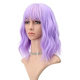 FAELBATY Wellige Perücke Kurze Lila Perücken Mit Luft Pony Schulterlange Damen Perücke Lockige Wellige Synthetische Halloween Cosplay Perücke Für Mädchen Kostüm Perücken Lila Farbe