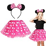 Capaneus Mädchen Maus Mouse Kostüm Rosa Tutu mit weiß Gepunktet+Haarreifen mit Maus Ohren und Schleife,Kinderkostüm Mäuschen Set für Halloween Fasching Karneval Motto Cosplay Party-2 stück